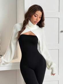 SHEIN EZwear Suéter corto de cuello alto liso, informal, de manga larga para otoño e invierno - Blanco - Ver 6