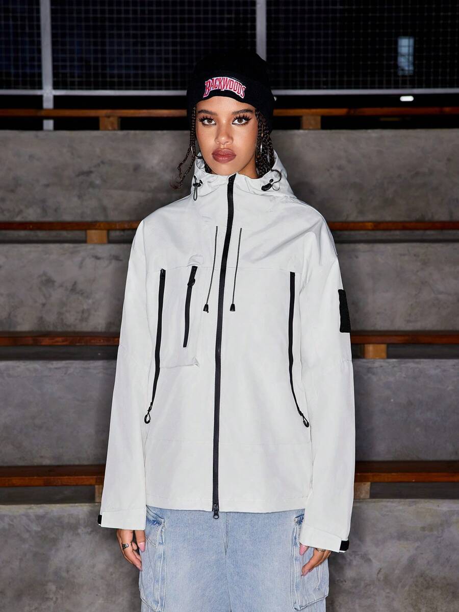 SHEIN Sports Regular Women's Sports Hooded Jacket With Zipper Pocketswinter Women Tops - White - View 1