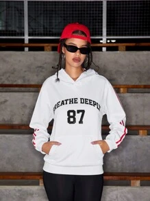 SHEIN Sports Women's Hooded Drawstring Pocket Letter & Striped Printed Long Sleeve Sweatshirtwinter Women Tops - White - View 5