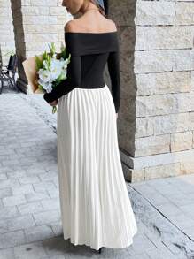 Chiquease Women's Color Block Pleated Off Shoulder Long Sleeve Jumpsuit