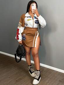 Slaydiva 2024 New Arrival Sexy Streetwear/Gyaru Style Zip Neck Long Sleeve Cropped Jacket & Slit Fitted Mini Skirt Set With Letter Print, For Women - Multicolor - View 6