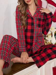 Women's Casual Red Plaid Long Sleeve Lapel Button Front Pajama Set With Pockets For Lounging And Sleepwear - Multicolor - View 2