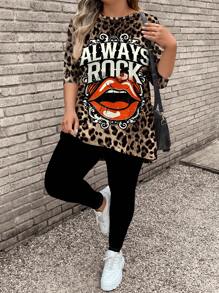 SHEIN LUNE 2 件大码女式卡通图案休闲长袖 T 恤和瑜伽裤套装，适合秋冬季