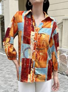 INAWLY Women's Autumn Full Print Dropped Shoulder Long Sleeve Loose Casual Fashion Shirt - Multicolor - View 6