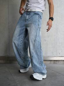 Manfinity Hypemode Jeans décontractés en denim lavé ample pour hommes, jeans bleus amples lavés unis. Idéal pour le mari, cadeau pour le petit ami