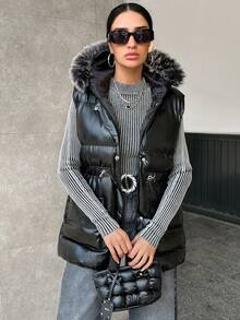 EURMUSE Women's Hooded Fur Collar Drawstring Padded Waistcoat Jacket - Black - View 4