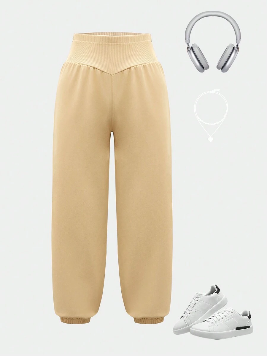 SHEIN Tween Girls High Waist Loose Gathered Hem Sweatpants, Grey - Versatile Casual Comfortable - Khaki - View 1