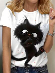 INAWLY 女士休闲可爱卡通猫咪印花圆领短袖 T 恤图案 T 恤女式上衣