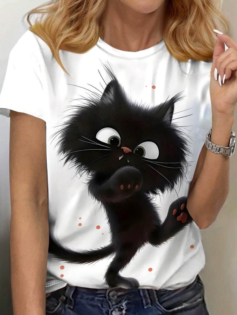 INAWLY 女士休闲可爱卡通猫咪印花圆领短袖 T 恤图案 T 恤女式上衣