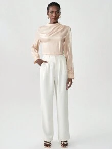 SHEIN Unity Solid Color Pleated Collar Elegant Long Sleeve Blouse - Apricot - View 4