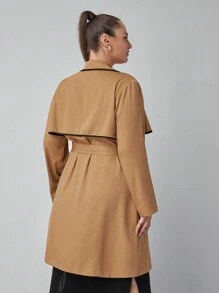 SHEIN Clasi 大码女式秋季双排扣休闲翻领夹克 - 駝色 - 查看 3