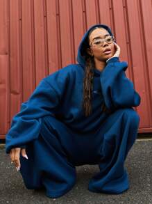 SUMWON WOMEN Oversized SMWN Logo Wide Leg Sweatpants Casual Athletic Fleece Bottoms Streetwear Sports Loungewear Comfy Athleisure Jogger Pants - Blue - View 5