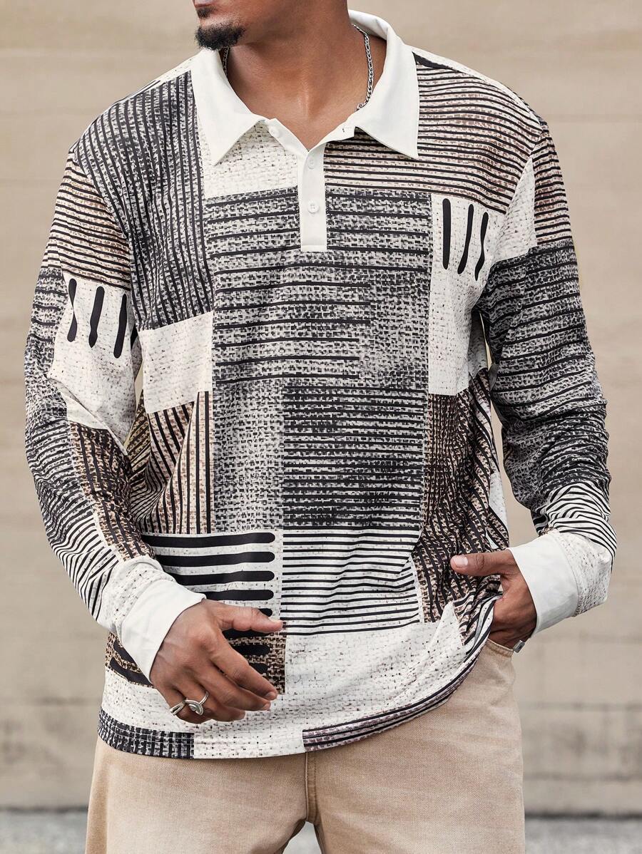Manfinity Homme Camisa polo de manga larga con bloques de color y rayas de moda para hombres de talla grande, urbana para otoño