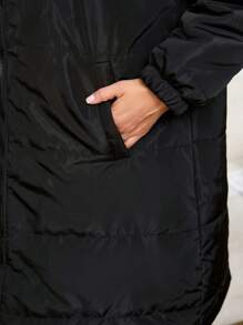 加大码纯色长袖连帽休闲加厚棉服外套，冬季服装长款黑色外套长款冬季外套黑色冬季外套