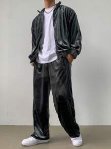 DAZY Men's Solid Color Zip-Up Sweatshirt And Sweatpants Loose Fit Two-Piece Set, Autumn - Grey - View 6