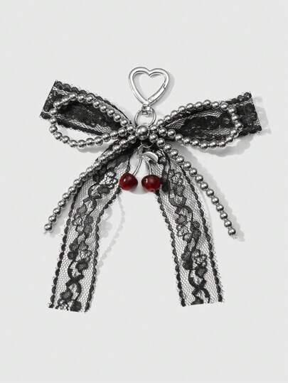 1pc Handmade Gothic Style Beaded Silver CCB Black Lace Bow, Cherry, Heart, Key Chain, Suitable For Girls/Women, Gift Valentines, Halloween