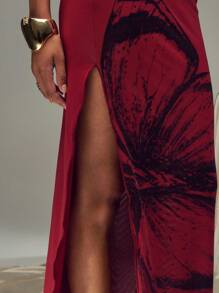 SHEIN Unity Black Butterfly Print Off Shoulder Cinched Waist Dress - Red and Black - View 8