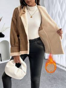 Chiquease Vintage braune wildlederartige kunstfell Jacke für Damen, Dick warmer Umlegekragen Kontrast-Farbe Fellbomber Mantel, Herbst/Winter