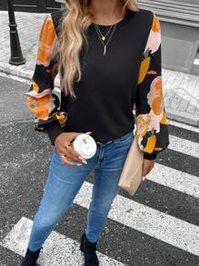 SHEIN LUNE 女式黑色圆领长袖拼布休闲运动衫上衣，秋季 - 黑色 - 查看 5