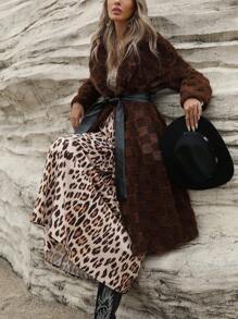 Aveloria Vintage Casual Shearling Teddy Houndstooth PU Waist Cinched Long Sleeve Jacket Fall Cloth For Women