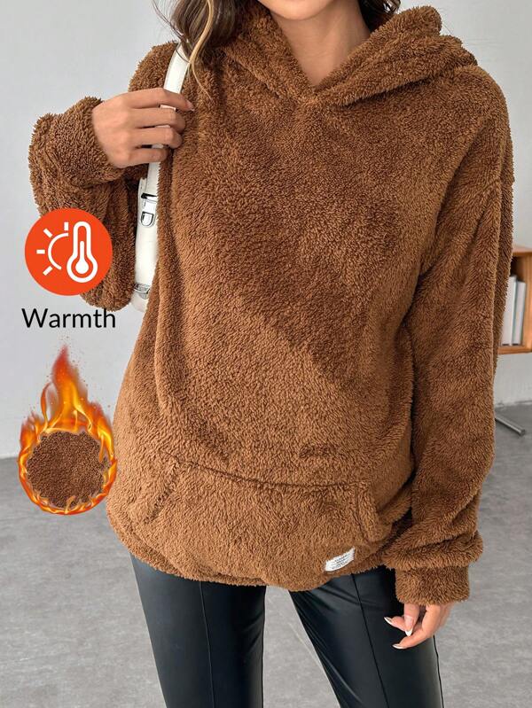 SHEIN Maternity Hoodie | Solid Pullover | Teddy Fleece Jacket | Back To School Sweatshirt | Teacher Workwear Drop Shoulder Patch Detail Teddy Hoodie, For Winter