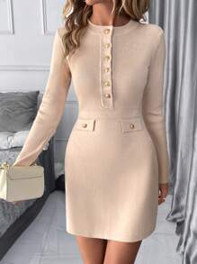 SHEIN Clasi Women's Elegant Work-Wear Button-Decorated Short Sweater Dress In Fall/Winter - Apricot - View 3