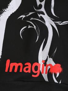 ROMWE MEN Street Life 男士休闲肖像印花宽松连帽衫，秋冬 - 黑色 - 查看 7