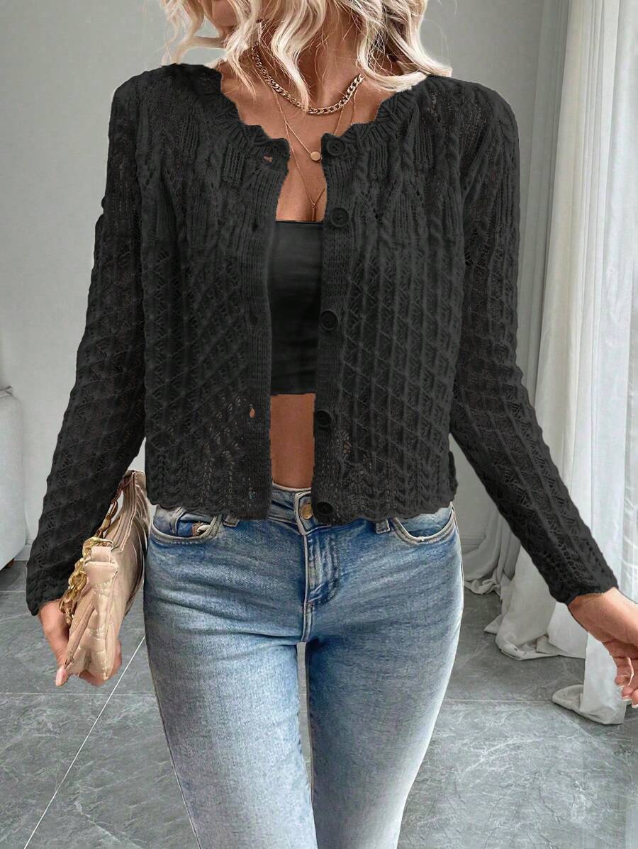 EMERY ROSE Women's Round Neck Hollow Front Button Cardigan Knitted Sweater Jacket, Autumn And Winter Crop Cardiganshort Cardiganblack Cardigan Woman Fall Cloth For Women - Black - View 1