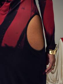 SHEIN Unity Women's Long Sleeve Hollow Waist Dress With Dissolving Stripe And Butterfly Print In Black And Red - Multicolor - View 7