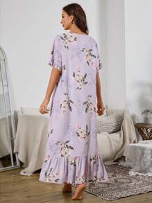 Women Floral Print Ruffle Hem Long Nightgown Babydoll Luxe Loungewear - Mauve Purple - View 2