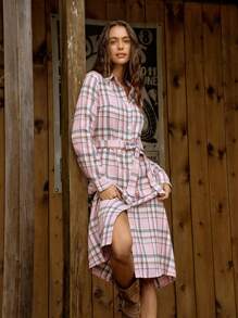 LanaWest 女式领口收腰格纹印花长袖连衣裙 - 淺粉色 - 查看 4