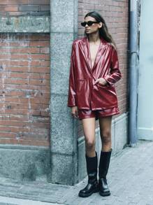 Maija Women's Burgundy Faux Leather Single Breasted Long Sleeve Jacket, Autumn/Winter - Burgundy - View 3