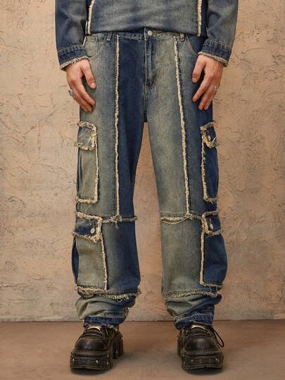 Grunge Punk Jeans décontractés en denim à jambe large, ample et avec poches cargo, délavé pour hommes