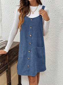 EMERY ROSE Brown Corduroy Pinafore Dress With Pockets For Women - Blue - View 5