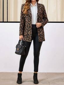 EMERY ROSE Women Leopard Print Button Front Long Sleeve Blazer Jacket - Multicolor - View 3