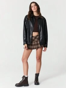 SHEIN EZwear Casual And Stylish Zippered Off-Shoulder PU Leather Jacket - Black - View 6