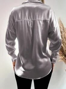 EURMUSE Drop Shoulder Button Front Shirt - Silver - View 2
