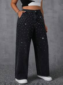SHEIN ICON Quần Jeans Ống Rộng Đính Đá Rhinestone Size Lớn Cho Nữ - màu đen - Xem 4