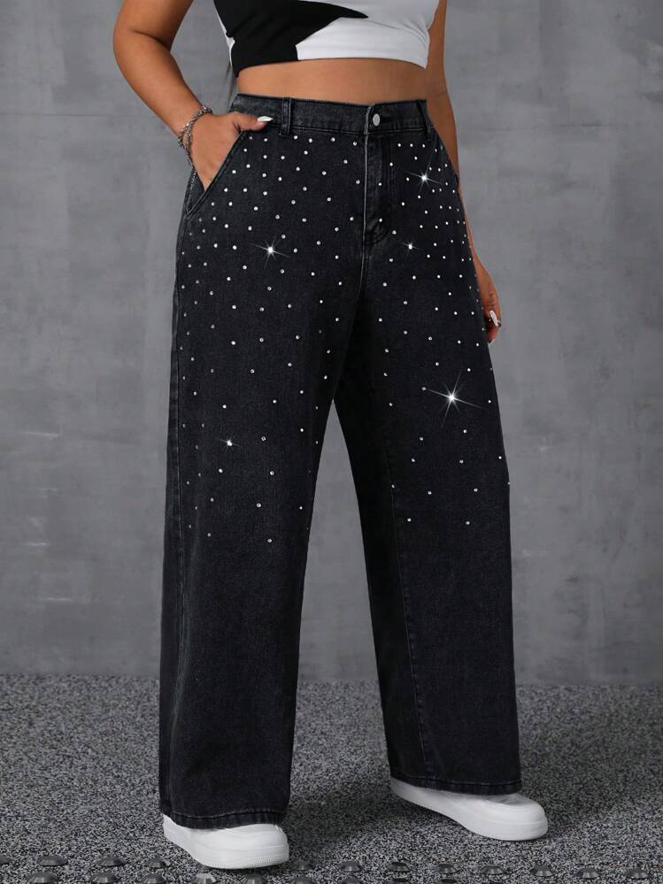 SHEIN ICON Quần Jeans Ống Rộng Đính Đá Rhinestone Size Lớn Cho Nữ - màu đen - Xem 4