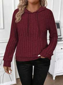 INAWLY Plus Size Women's Burgundy Hooded Wool Rib Fabric Casual Sports Long Sleeve Shirt, Soft Knit, Fall/Winter