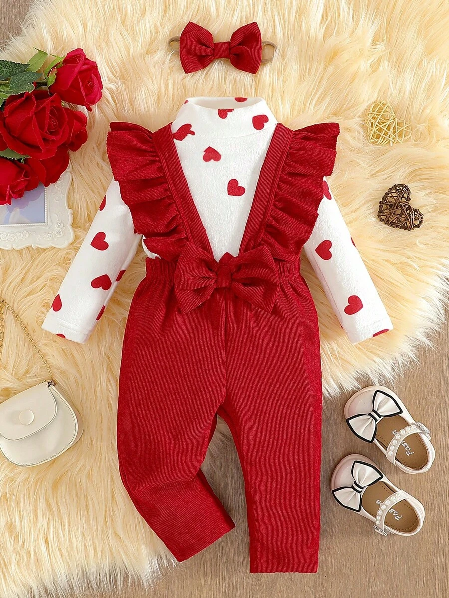 SHEIN 2pcs Baby Girls' Plush High Collar Heart Pattern Top And Overalls With Headpiece, Spring Autumn Outfit' - Multicolor - View 1