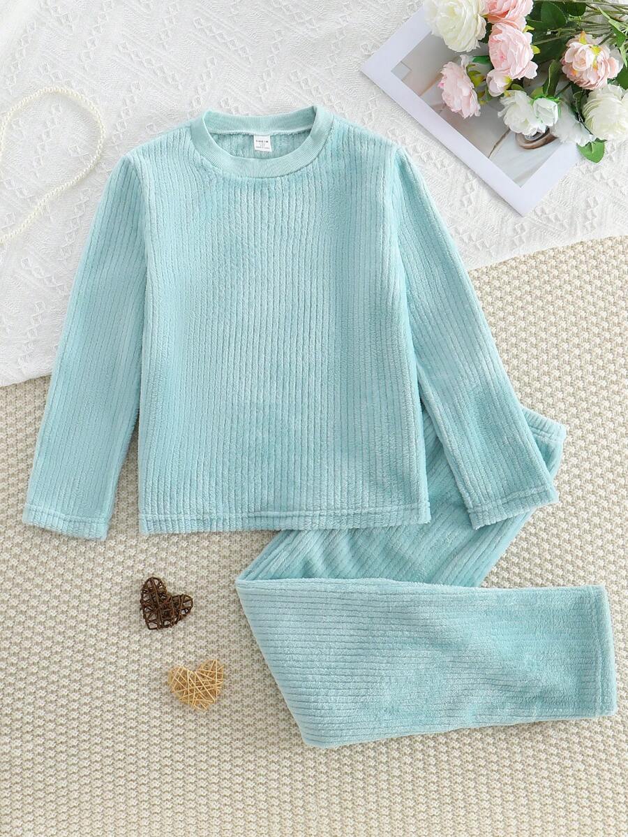 2 件装 Tween Girl 休闲纯色长袖上衣和松紧腰长裤家居服套装，蓝色 - 藍色 - 查看 1