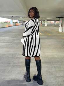 Zolique Women's Casual Colorblock Striped Mid-Length Cardigan, Autumn And Winter - Black and White - View 6