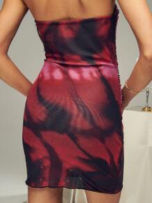 SHEIN Unity 抽象艺术印花褶饰修身无袖迷你连衣裙 - 彩色 - 查看 2