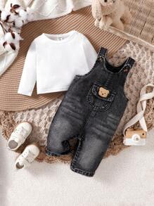 SHEIN Conjunto de bebé recién nacido de manga larga informal sólido y pelele vaquero con decoración de oso, otoño