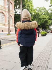 SHEIN Young Boy Hooded Patchwork Long Sleeve Casual Padded Coat