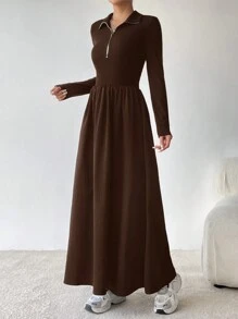 SHEIN EZwear Women's Solid Color Half Zip Long Sleeve Casual Dress - Brown - View 6