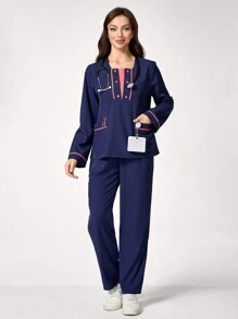 TaskEZ Women's Contrast Color Dual Pocket Long Sleeve Loose Top And Straight Leg Pants Scrub Uniform Set - Navy Blue - View 1