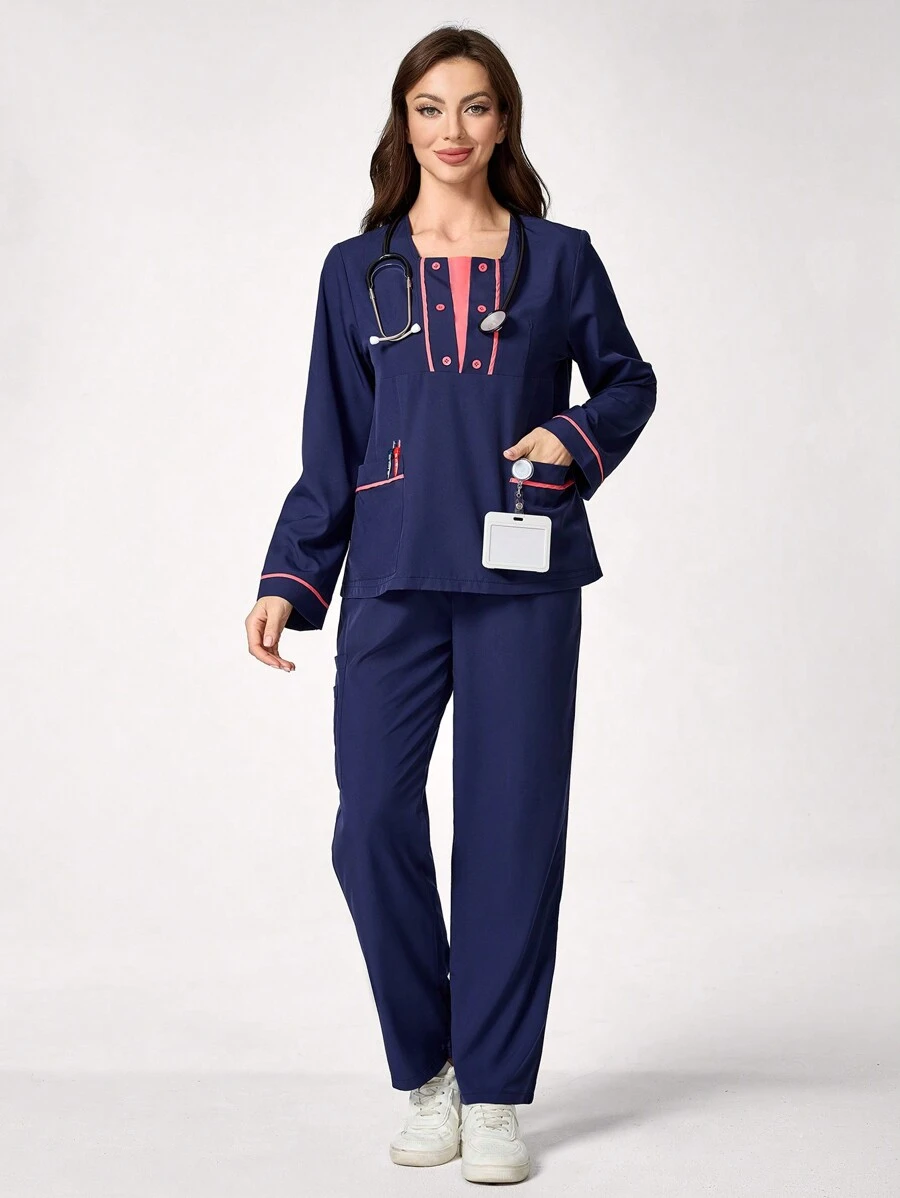TaskEZ Women's Contrast Color Dual Pocket Long Sleeve Loose Top And Straight Leg Pants Scrub Uniform Set - Navy Blue - View 1