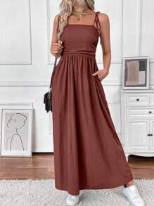 Chiquease 夏季无袖纯色带口袋连衣裙 - 酒紅色 - 查看 6